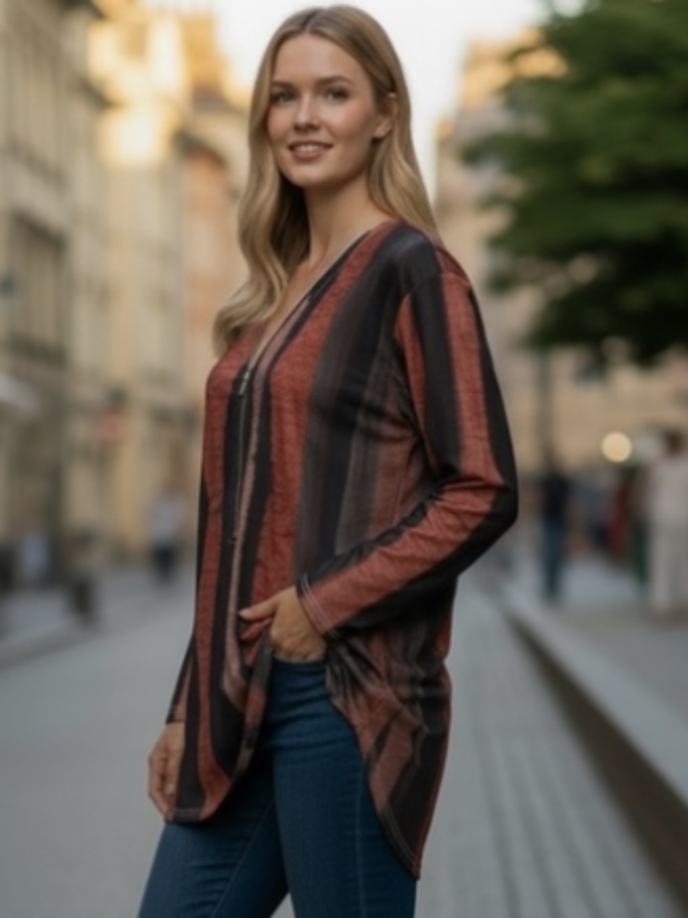 Brown Black Rust Striped Zip Front Tunic Top • Long Sleeve • Plus Size XXL • NWT